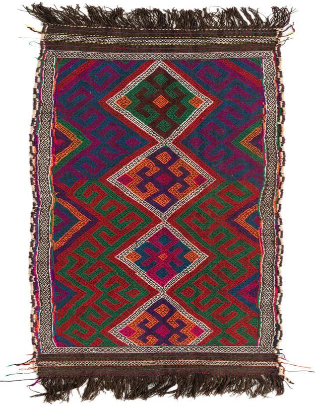 A vibrant 8 ft runner rug with a multi-colored geometric pattern, featuring diamonds and interlocking shapes, ideal for a hallway or kitchen.