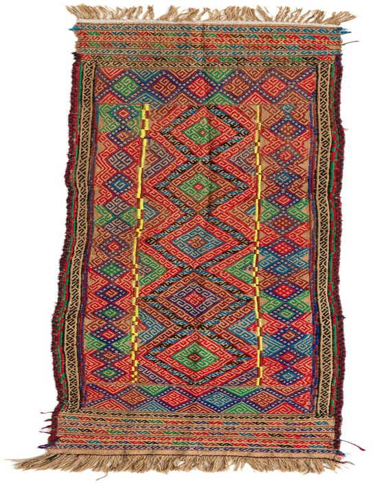 A vibrant 9 ft Kilim Fars runner rug with a multi-colored geometric tribal pattern and fringed ends, ideal for a hallway.
