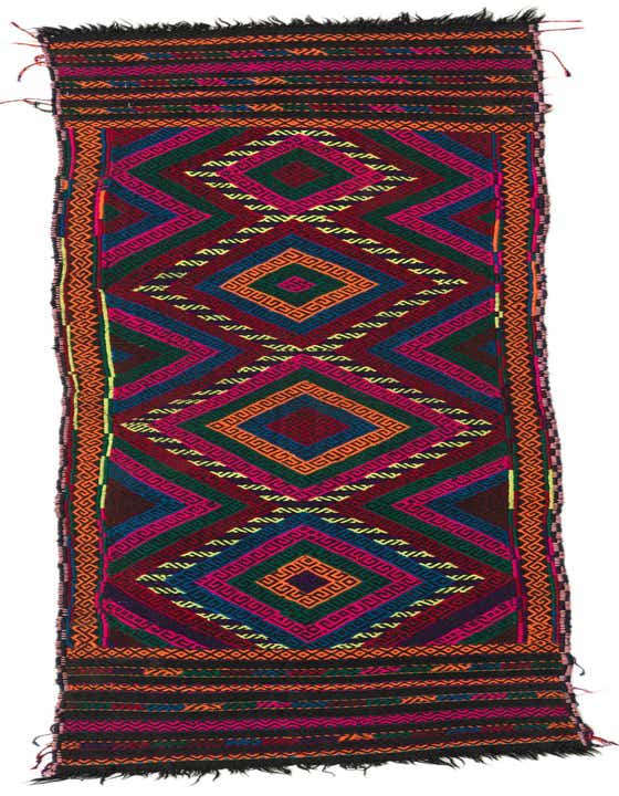 A vibrant 8 ft multi-colored wool runner rug from the Kilim Fars collection, featuring bold geometric and tribal patterns, ideal for a hallway or kitchen.