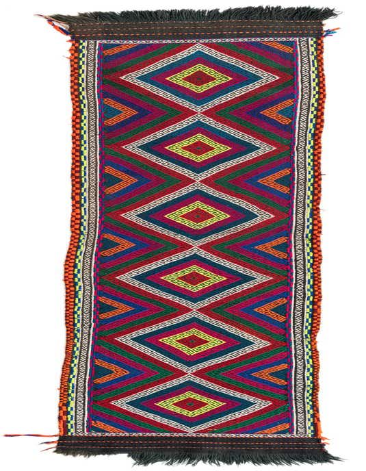 A vibrant 10 ft multi-colored wool runner rug from the Kilim Fars collection, featuring a bold geometric diamond pattern and fringed ends, ideal for a hallway.