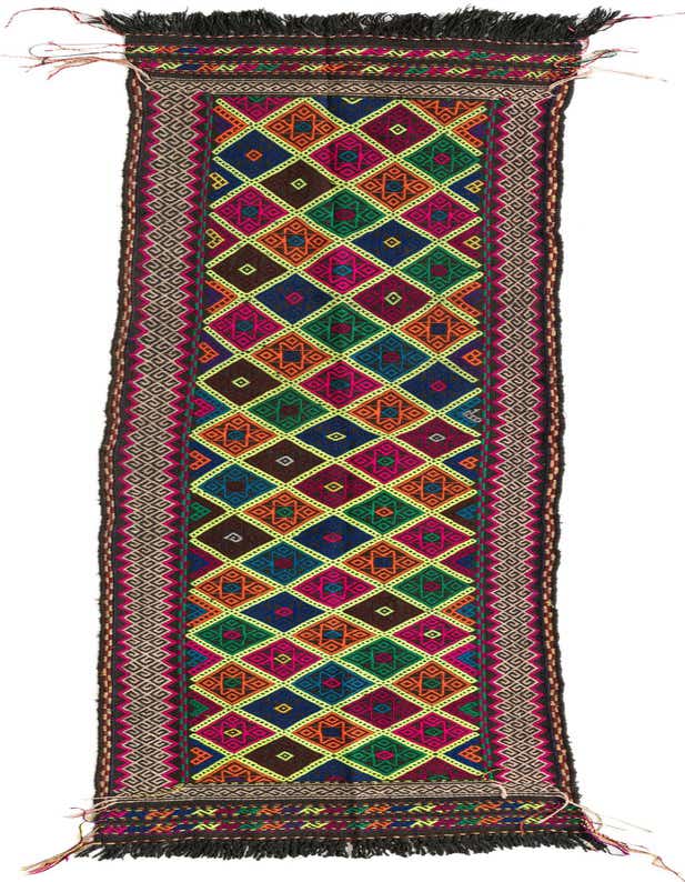 A vibrant 8 ft multi-colored Kilim Fars runner rug with a geometric diamond pattern and tribal borders.