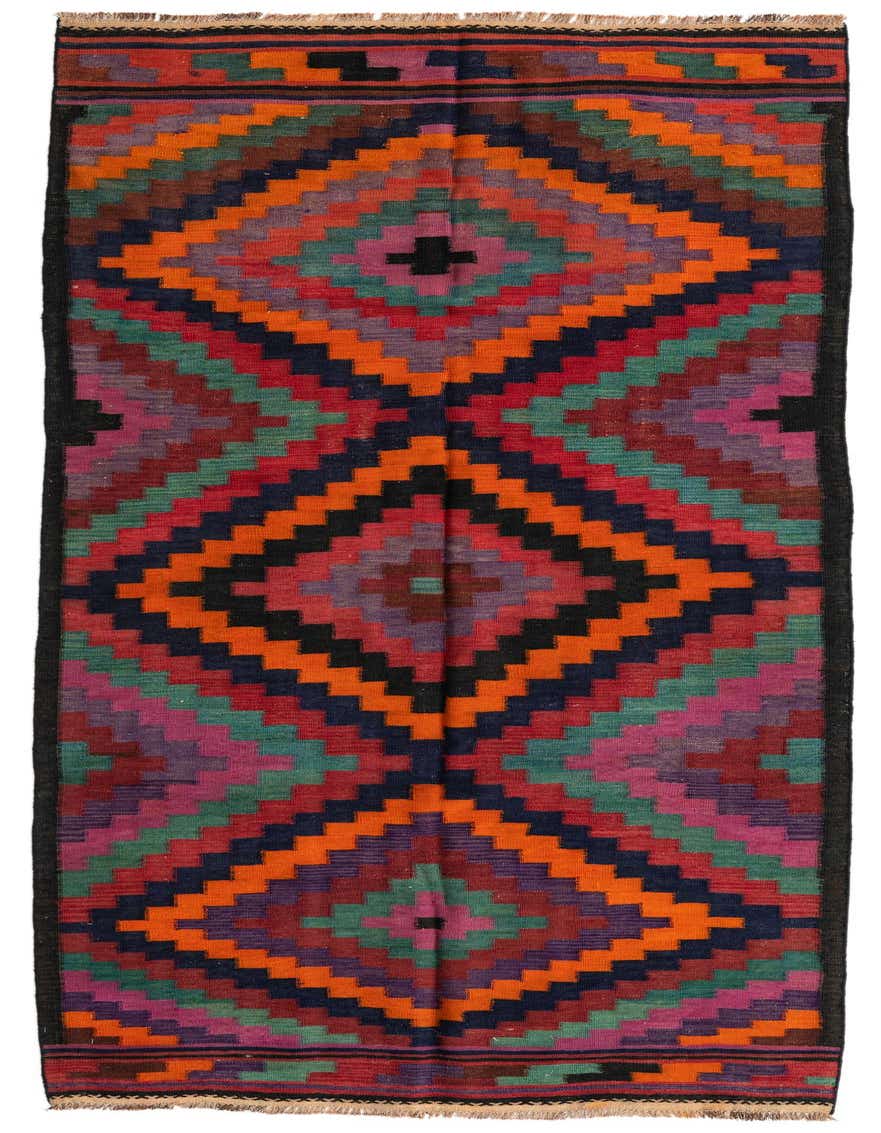 A 10 Ft runner rug with a vibrant multi-colored geometric pattern, featuring orange, red, green, purple, and black diamond shapes.