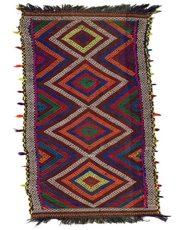 A vibrant, multi-colored Kilim Fars runner rug featuring large, interlocking diamond patterns in various hues, with decorative tassels along the sides.