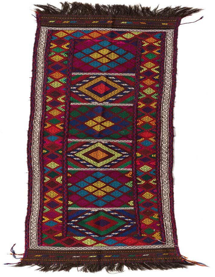A vibrant 8 ft multi-colored wool runner rug with intricate Persian tribal geometric patterns and dark fringes, ideal for a hallway or kitchen.