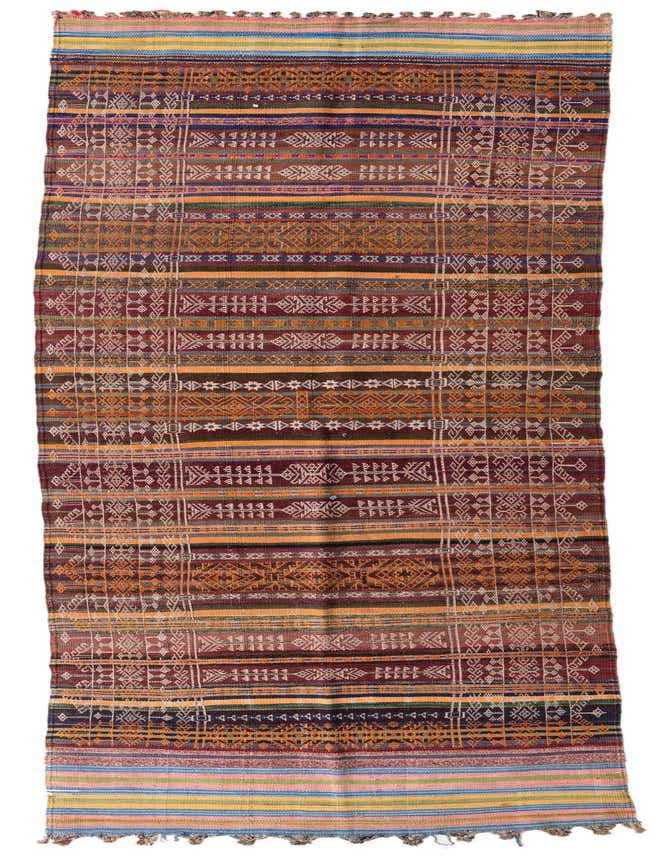 A vibrant, multi-colored Kilim Fars 14 ft runner rug with intricate Persian and tribal patterns, ideal for a hallway.