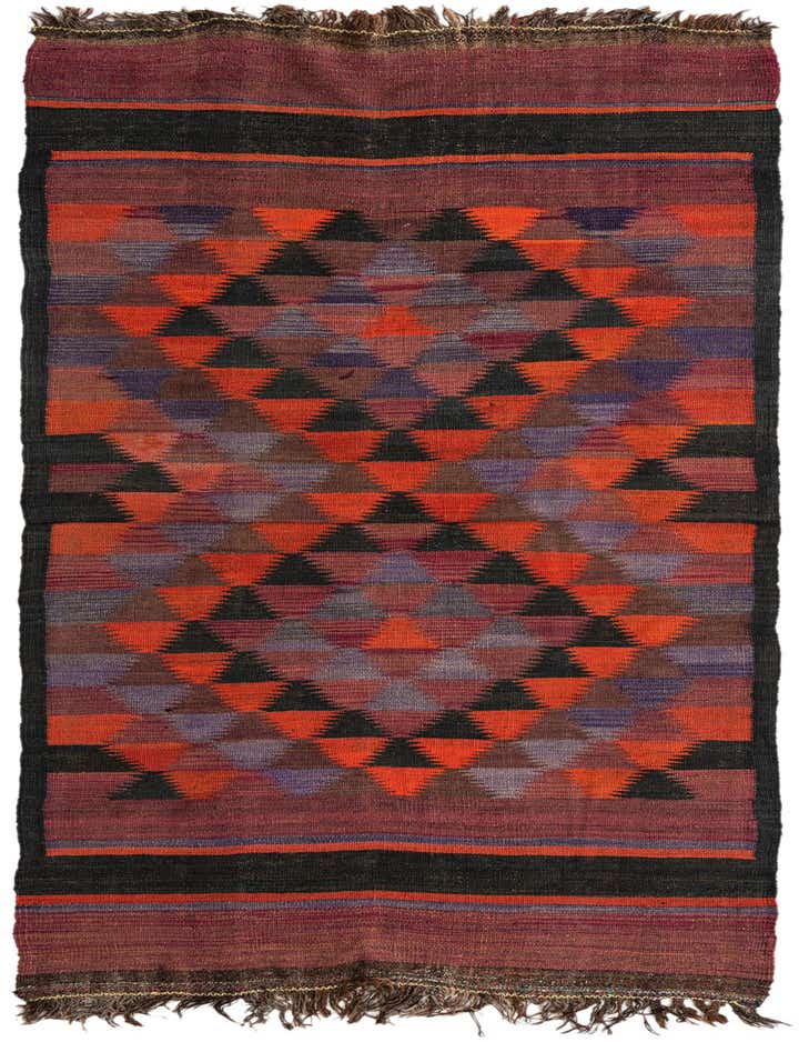 A 10 ft multi-colored Kilim Fars runner rug with a tribal geometric pattern of orange, purple, and black triangles, ideal for a hallway.