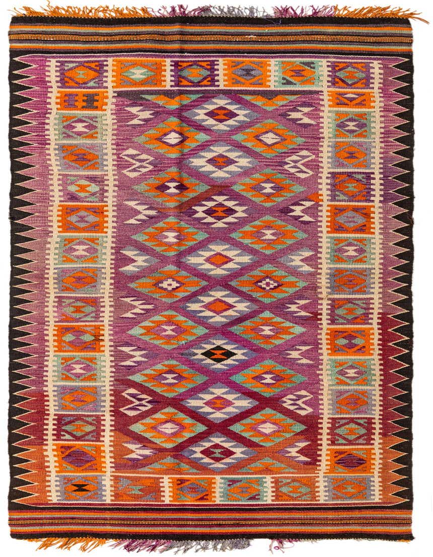 A vibrant 11 ft Kilim Fars runner rug with a multi-colored tribal pattern, perfect for a hallway.