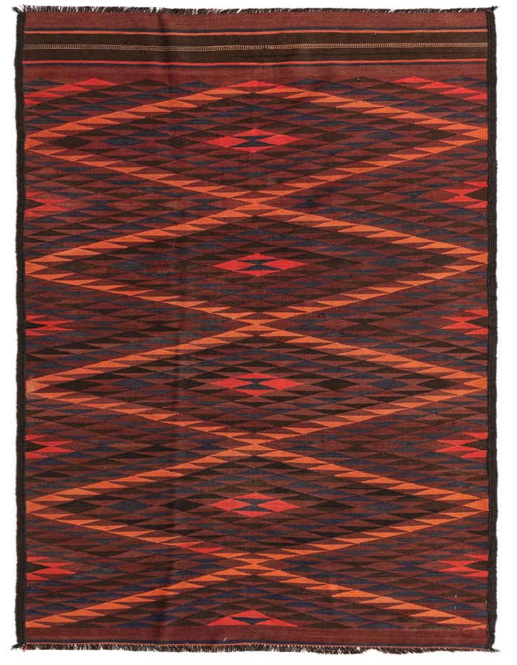 A multi-colored 11 ft runner rug with a tribal geometric diamond pattern in shades of red, orange, and blue.
