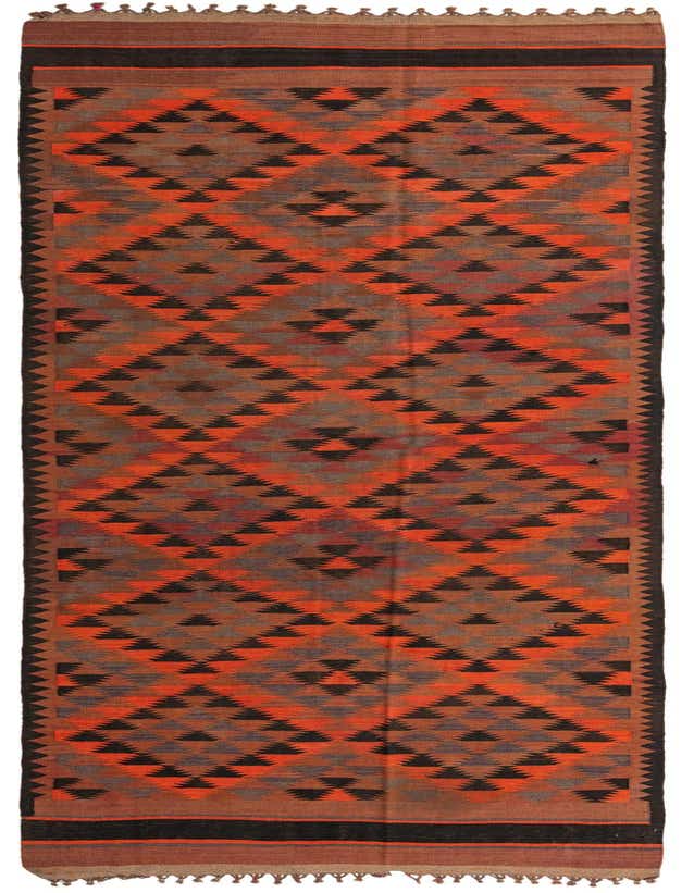 A 15 ft Kilim Fars runner rug with a tribal geometric pattern in multi-colored hues, featuring orange, black, and brown tones.