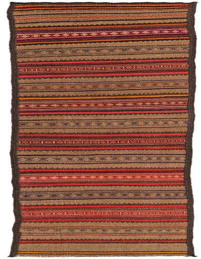 A 10 ft runner rug, the Kilim Fars features a multi-colored tribal stripe pattern in warm tones, ideal for a hallway.