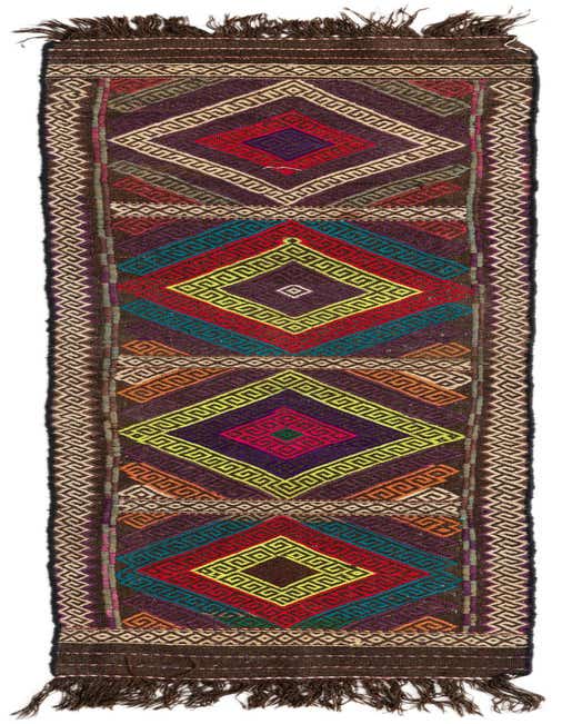 A vibrant 8 ft multi-colored Kilim Fars wool runner rug with tribal geometric patterns and fringe, ideal for a hallway or kitchen.