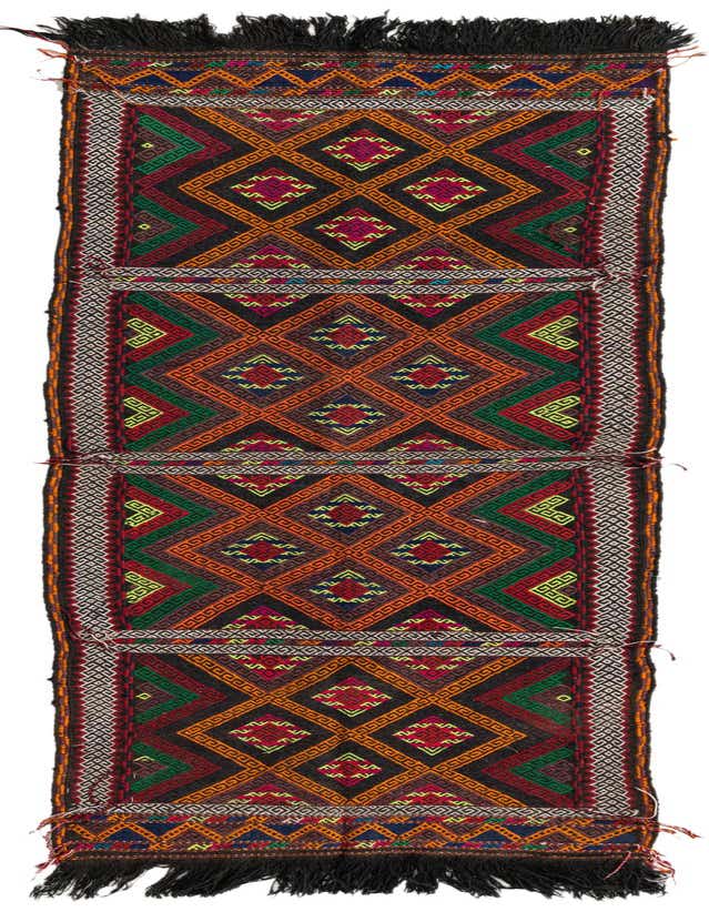 A vibrant 8 ft runner rug from the Kilim Fars collection, featuring a multi-colored Persian tribal pattern with geometric diamonds and fringe.