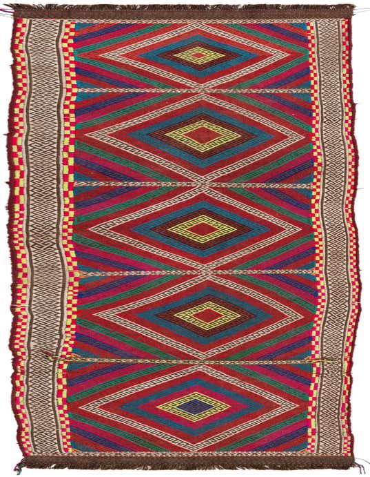 A vibrant 9 ft Kilim Fars runner rug with multi-colored geometric diamonds and tribal patterns, ideal for a hallway.