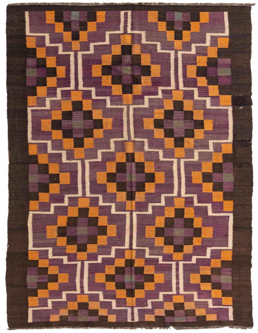 A 12 Ft Kilim Fars runner rug with a multi-colored geometric pattern in purple, orange, brown, and cream, ideal for a hallway.
