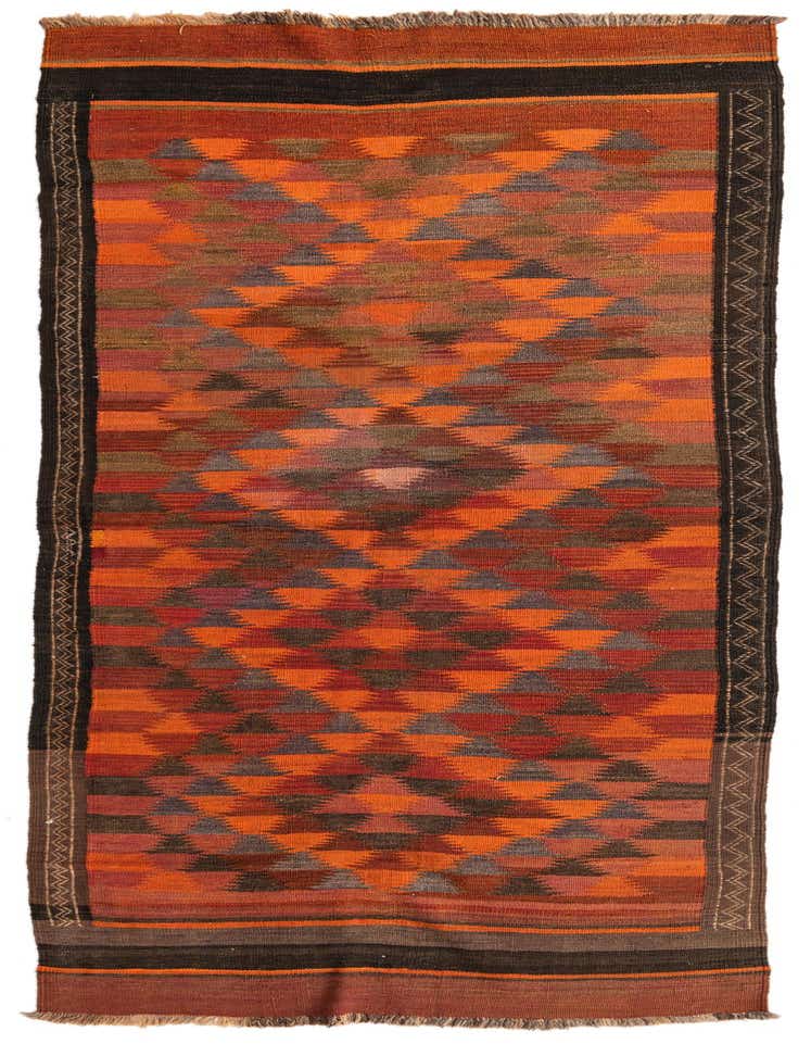 A 10 Ft Kilim Fars runner rug with a vibrant, multi-colored tribal pattern featuring orange, red, and brown geometric shapes.
