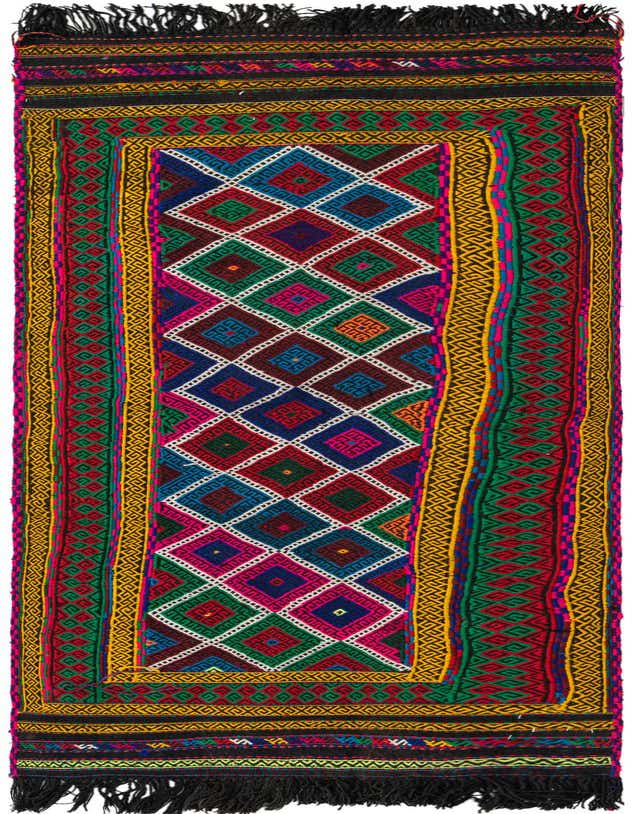 A vibrant 8 ft runner rug with a multi-colored tribal Persian pattern, featuring diamonds and geometric borders, ideal for a hallway or kitchen.