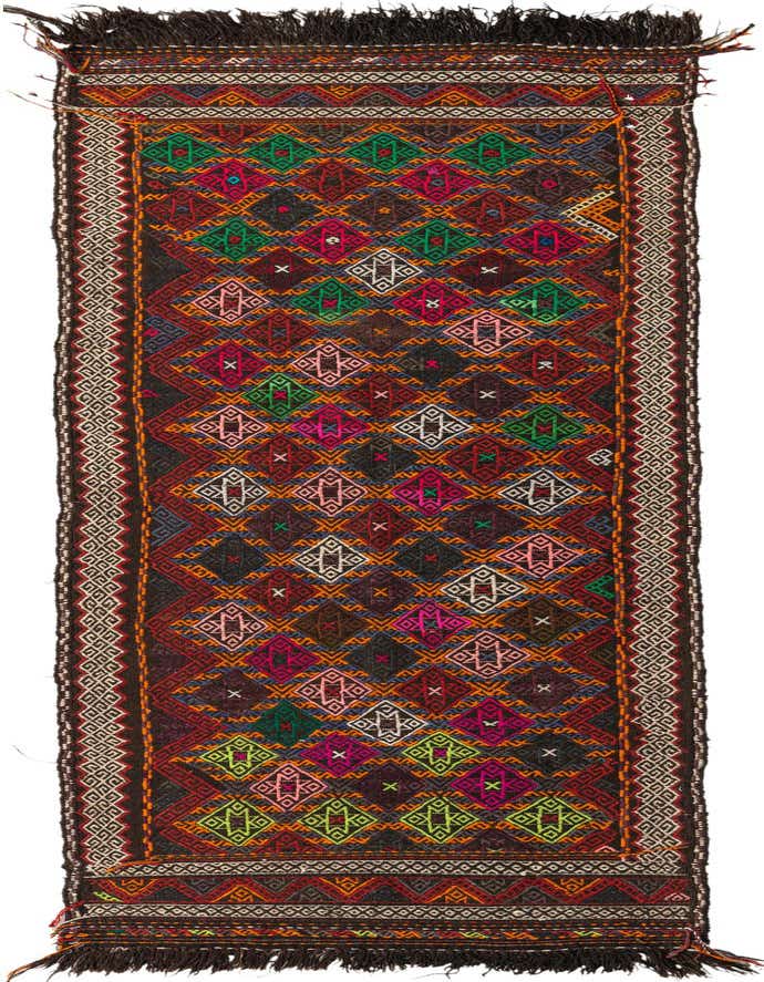 A 9 ft multi-colored wool runner rug with a vibrant tribal geometric pattern, ideal for hallways.
