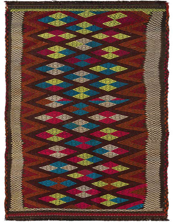 A 10 ft runner rug with a multi-colored tribal geometric pattern on a dark brown background, featuring bright diamonds and intricate borders.
