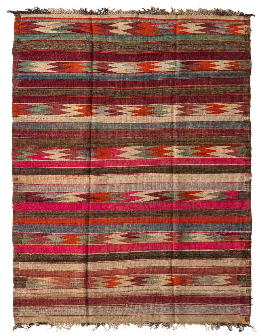 A vibrant 11 ft multi-colored Kilim Fars runner rug with tribal patterns and fringe, made of wool.