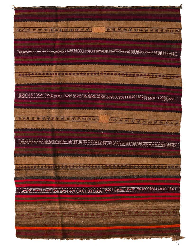 A 10 Ft Runner Kilim Fars rug with multi-colored stripes and tribal patterns, handmade from wool.