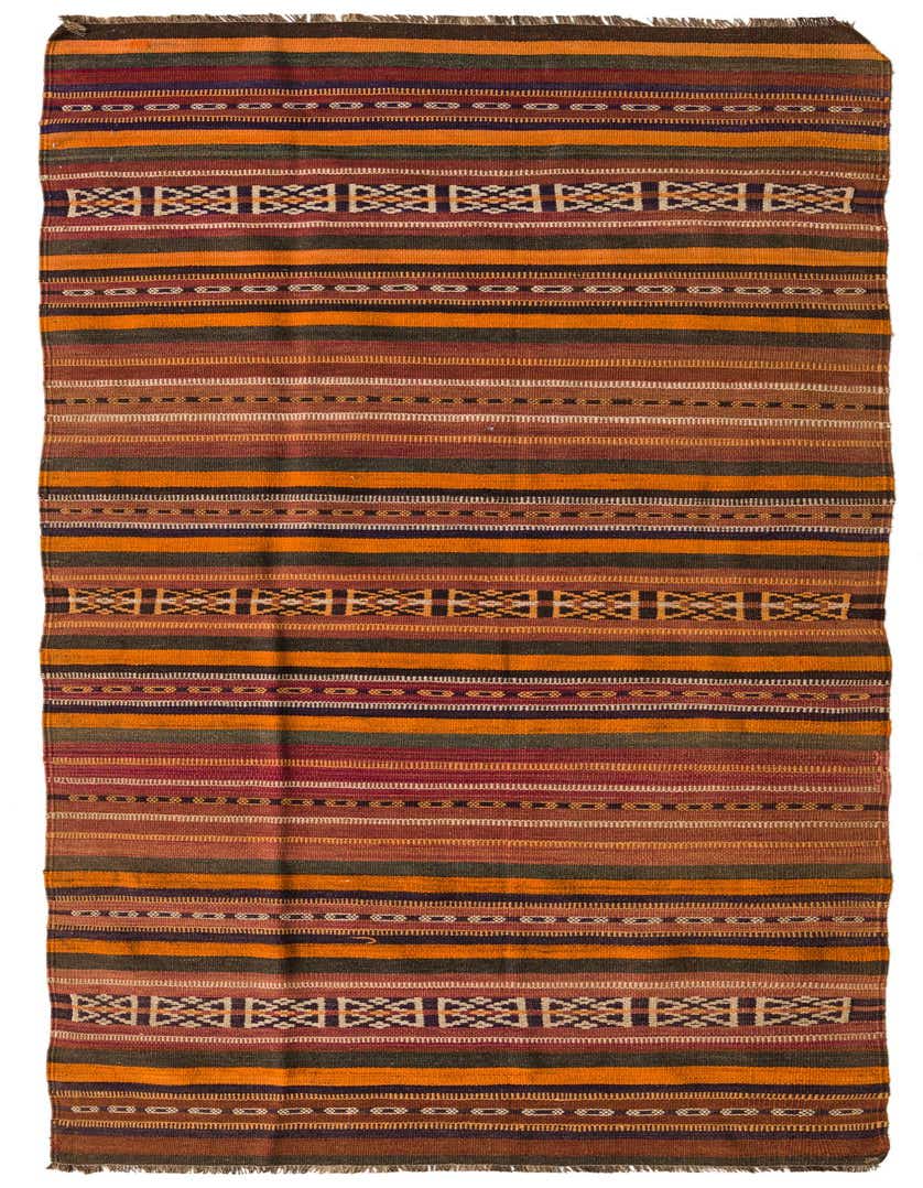 A 10 Ft Multi-colored Kilim Fars runner rug featuring vibrant stripes and tribal patterns, ideal for a hallway.