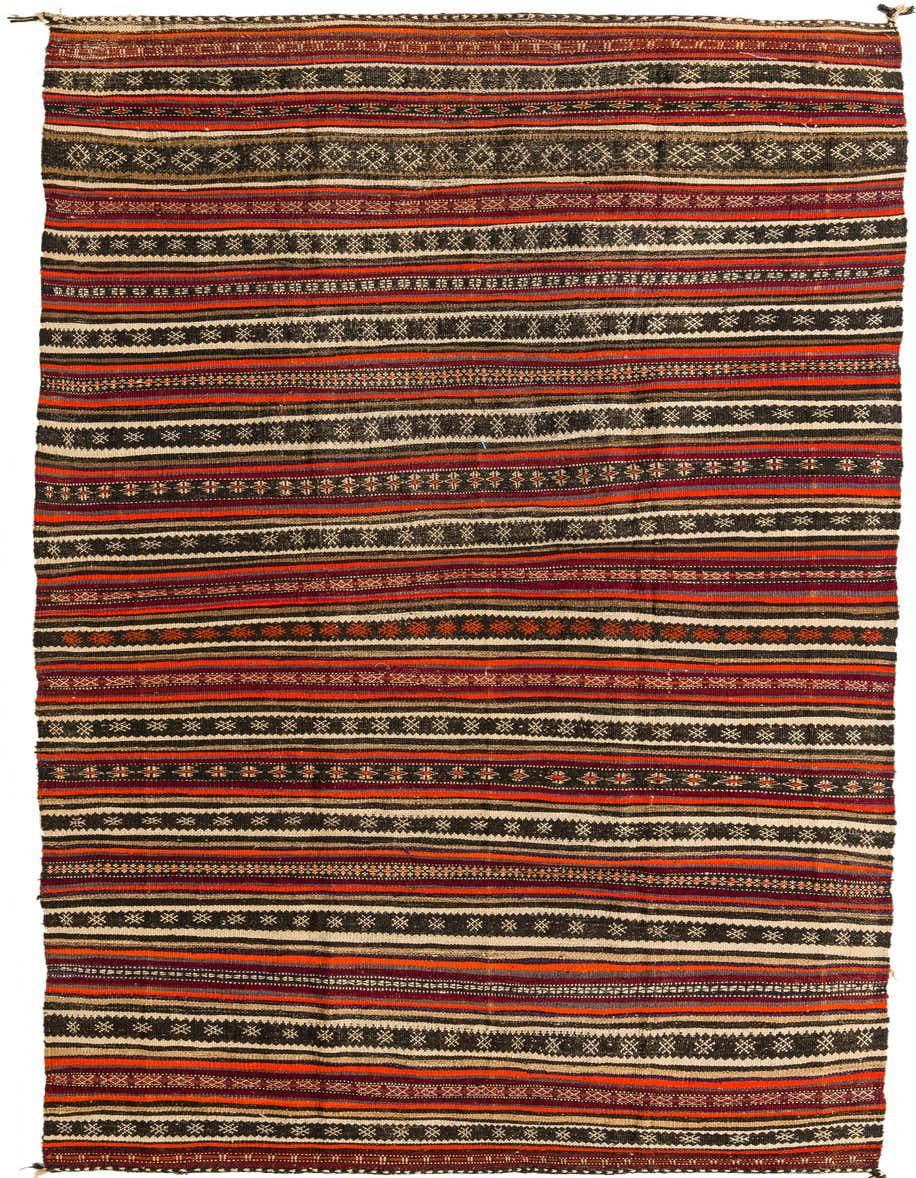 A vibrant 11 ft Kilim Fars runner rug with multi-colored stripes and tribal patterns, handmade from wool.