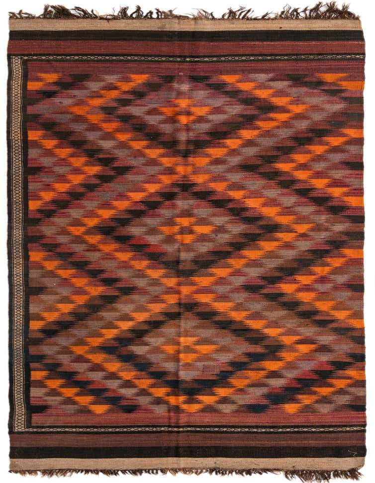 A 5x12 ft Kilim Fars runner rug with a vibrant tribal pattern in orange, black, and multi-colored hues, featuring a flatweave texture and fringe.