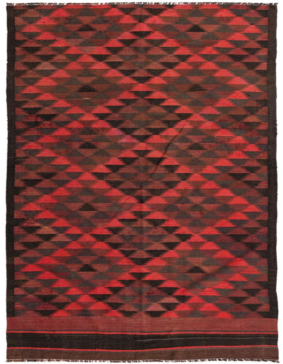 A 5x10 ft Kilim Fars runner rug featuring a vibrant multi-colored geometric tribal pattern with red, black, and brown triangles.
