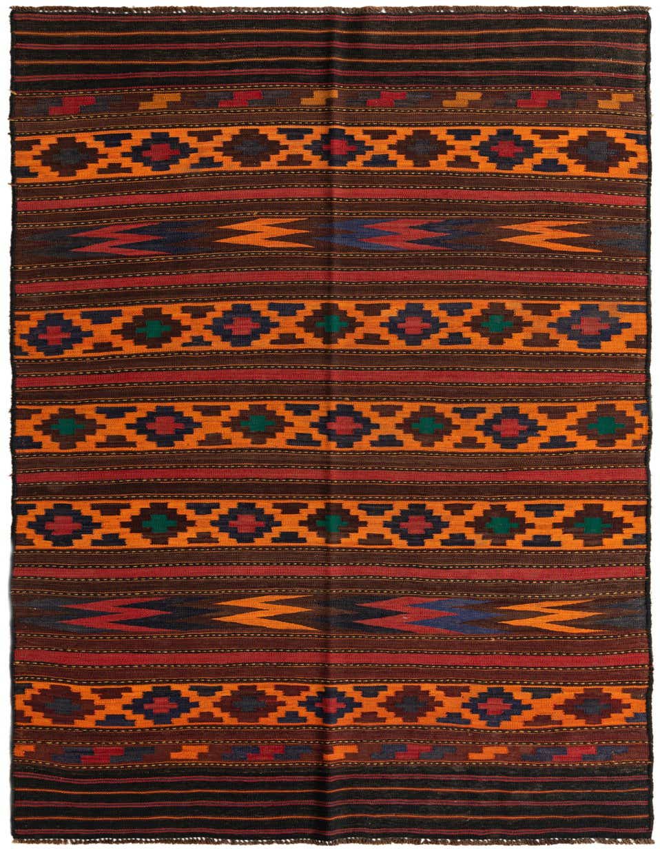 A multi-colored 11 ft runner rug with a tribal Persian pattern, featuring horizontal stripes of orange, red, blue, and green geometric motifs on a dark brown background.