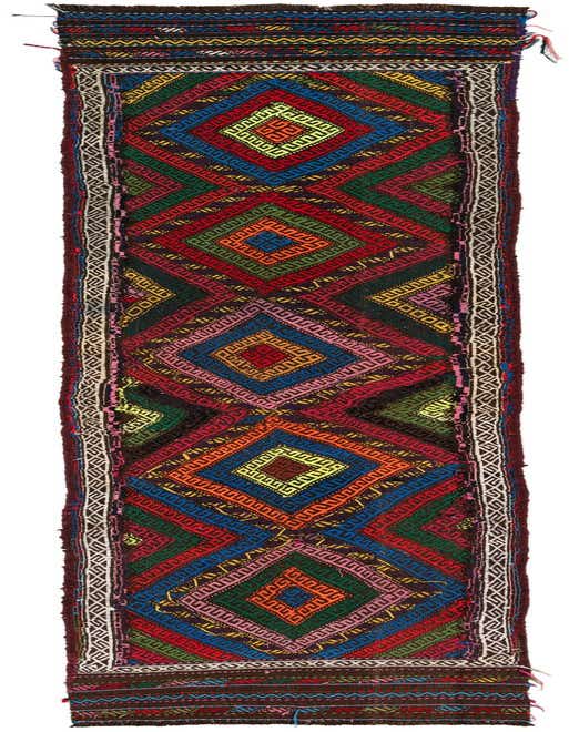 A vibrant 10 Ft Kilim Fars runner rug with a multi-colored geometric tribal pattern, ideal for a hallway.