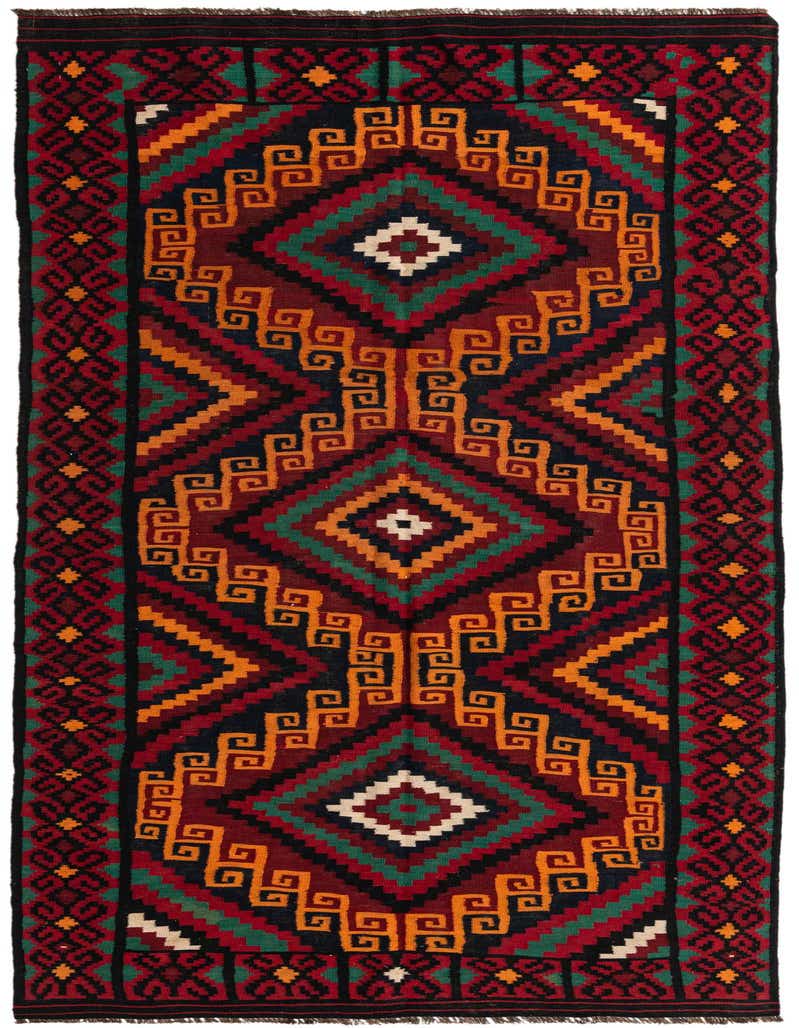 A vibrant 14 ft Kilim Fars runner rug with a multi-colored Persian tribal pattern, ideal for a hallway.