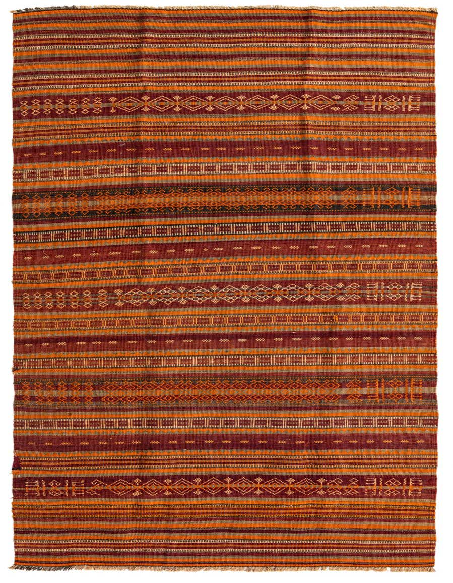 A 9 ft runner rug from the Kilim Fars collection, featuring multi-colored Persian tribal stripes in red, orange, and gray.