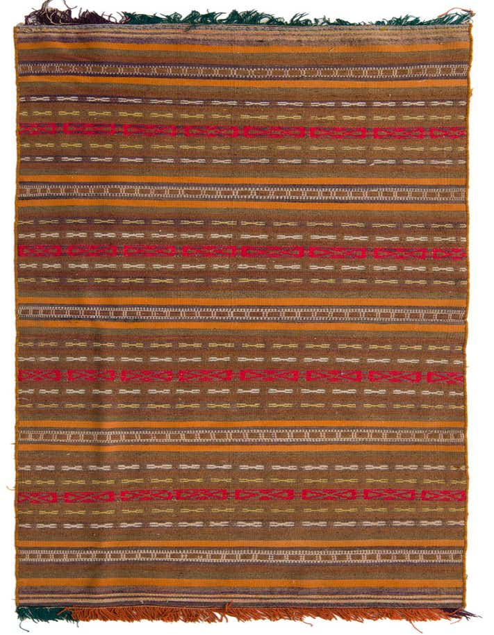 A 10 Ft Kilim Fars runner rug with multi-colored stripes and tribal patterns, handmade from wool.
