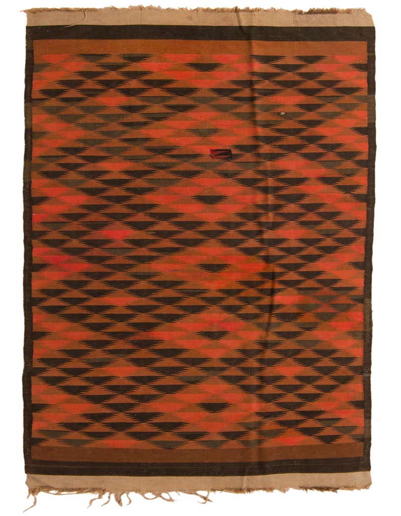 A 4x12 ft Kilim Fars runner rug with a multi-colored tribal pattern in shades of orange, brown, and black.
