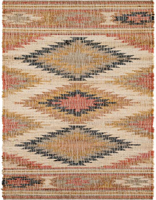 A 10 ft multi-colored Southwestern runner rug with geometric patterns in black, red, yellow, and natural jute tones.