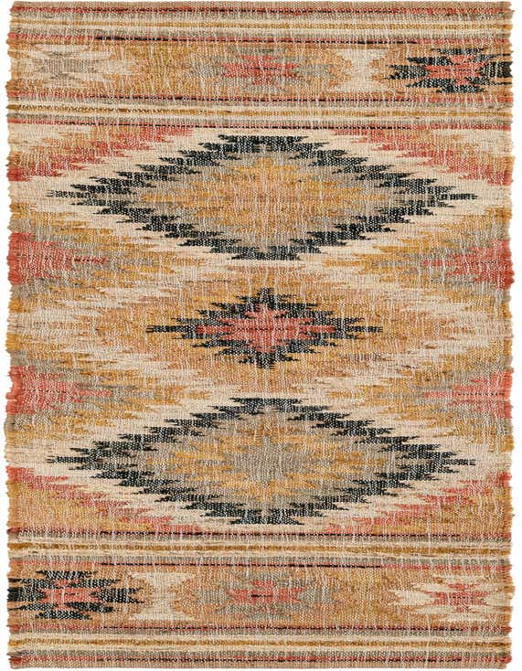 A multi-colored 8 ft runner rug with Southwestern geometric patterns in black, orange, and natural jute tones.