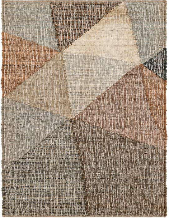 A multi-colored Kilim Jute runner rug with a modern abstract geometric pattern in shades of brown, beige, and grey.
