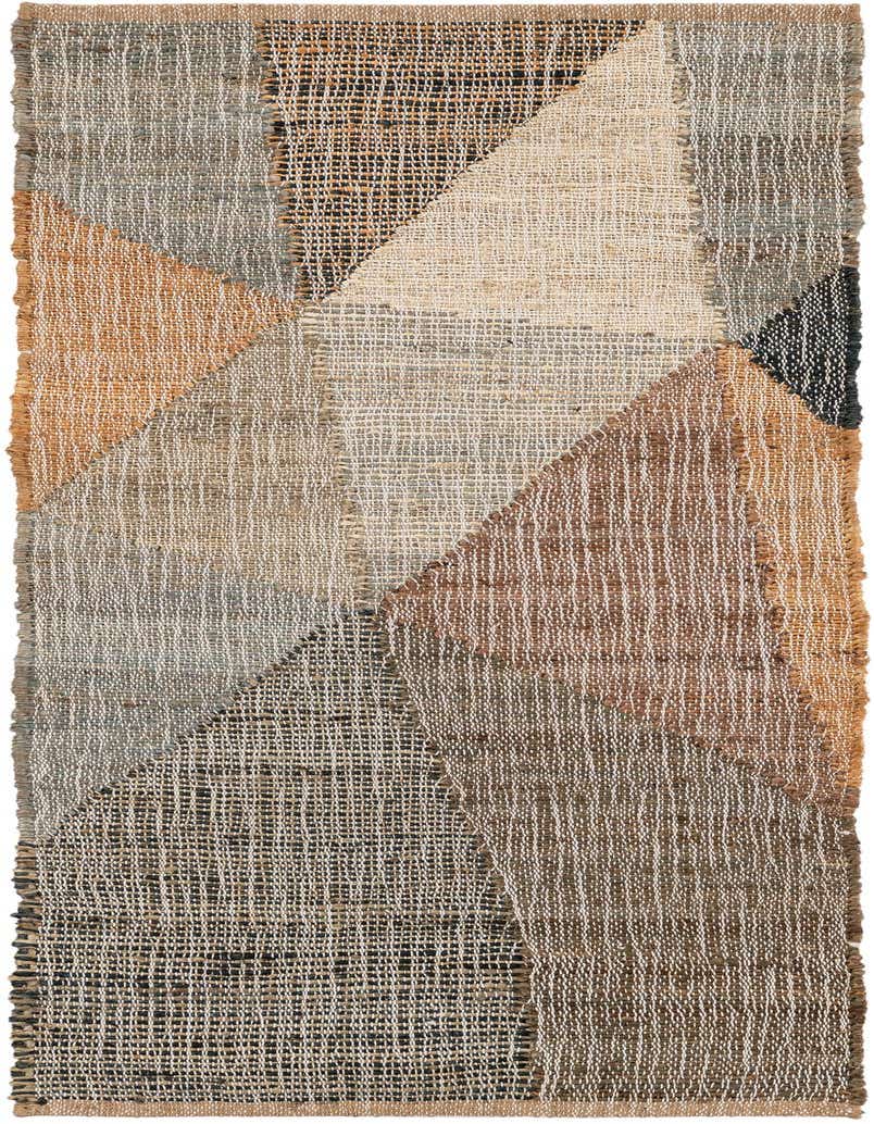 A 5 ft runner rug featuring a multi-colored abstract geometric pattern in natural jute and cotton textures, ideal for a hallway.