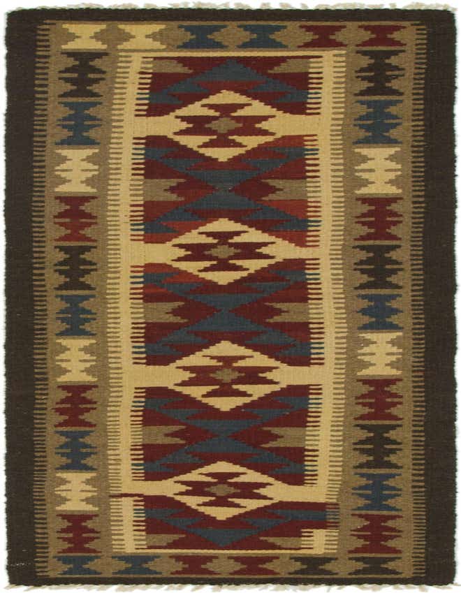 A 6 ft multi-colored Kilim Maymana runner rug with Southwestern and tribal patterns in red, blue, beige, and brown.