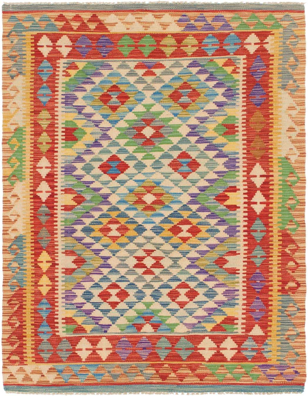 A vibrant 6 ft runner rug with a multi-colored geometric tribal pattern and a red border, perfect for a hallway.
