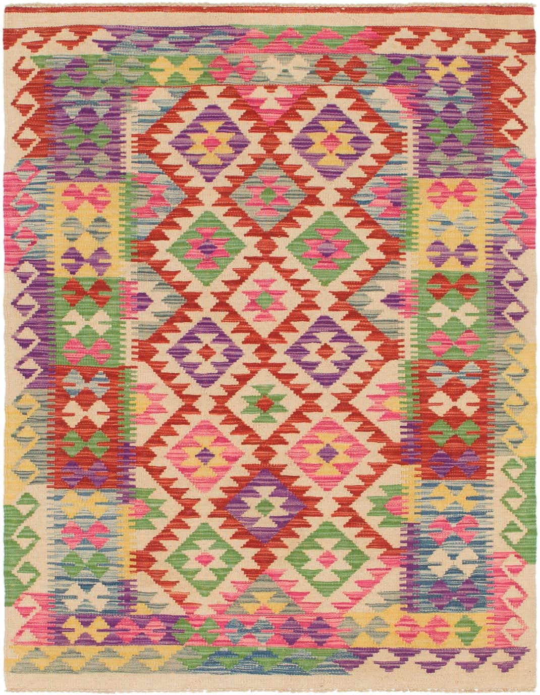 A 6 ft multi-colored wool runner rug featuring a vibrant tribal geometric pattern with diamonds and stripes in red, green, purple, pink, and yellow.