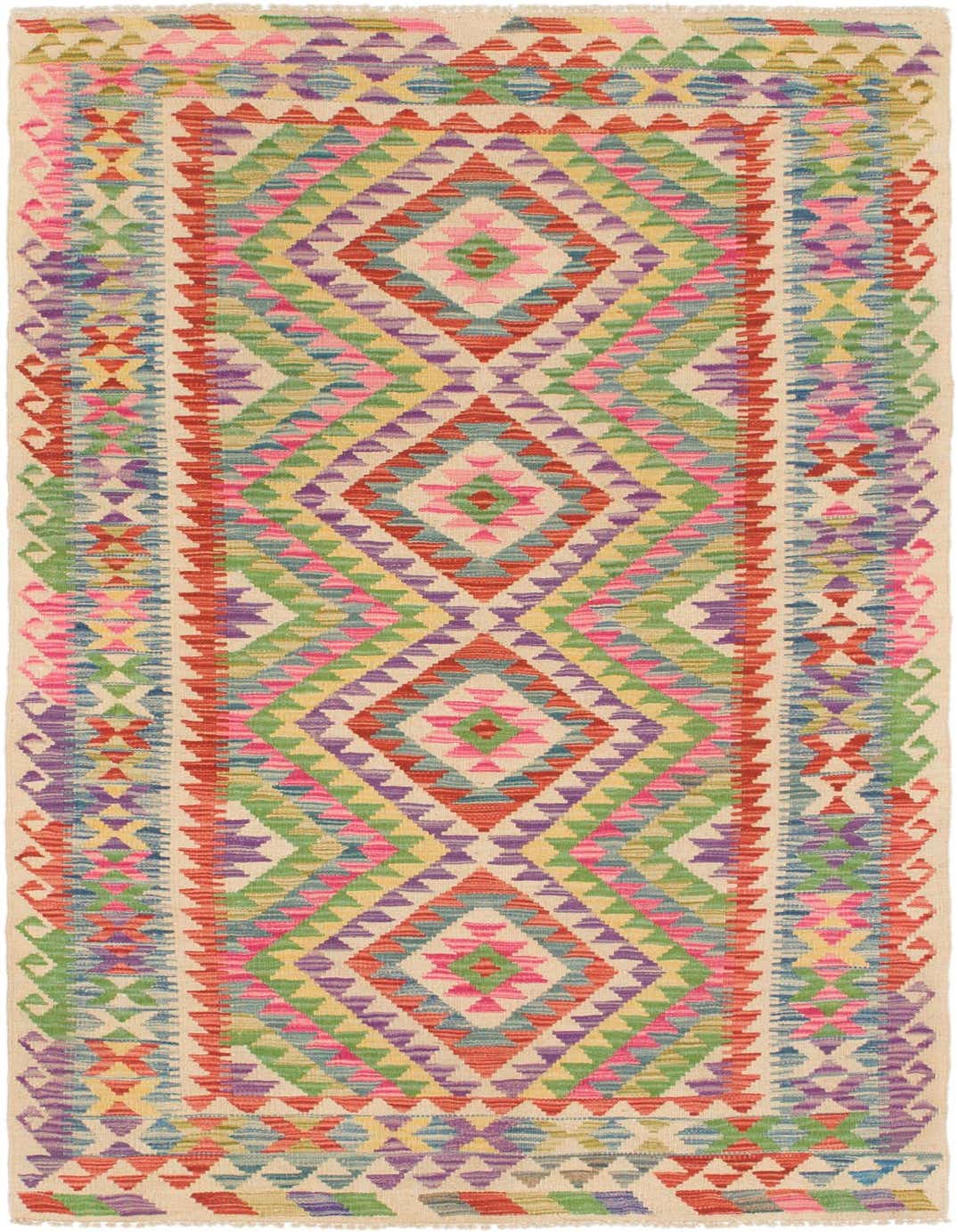 A 6 ft multi-colored wool runner rug with a vibrant geometric tribal pattern, ideal for hallways or kitchens.