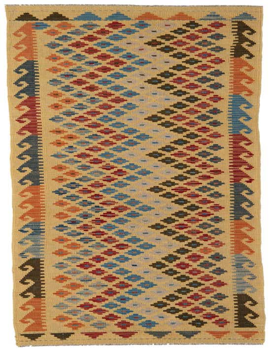 A 10 Ft Kilim Maymana runner rug with a multi-colored Southwestern tribal pattern on a light background, ideal for a hallway.
