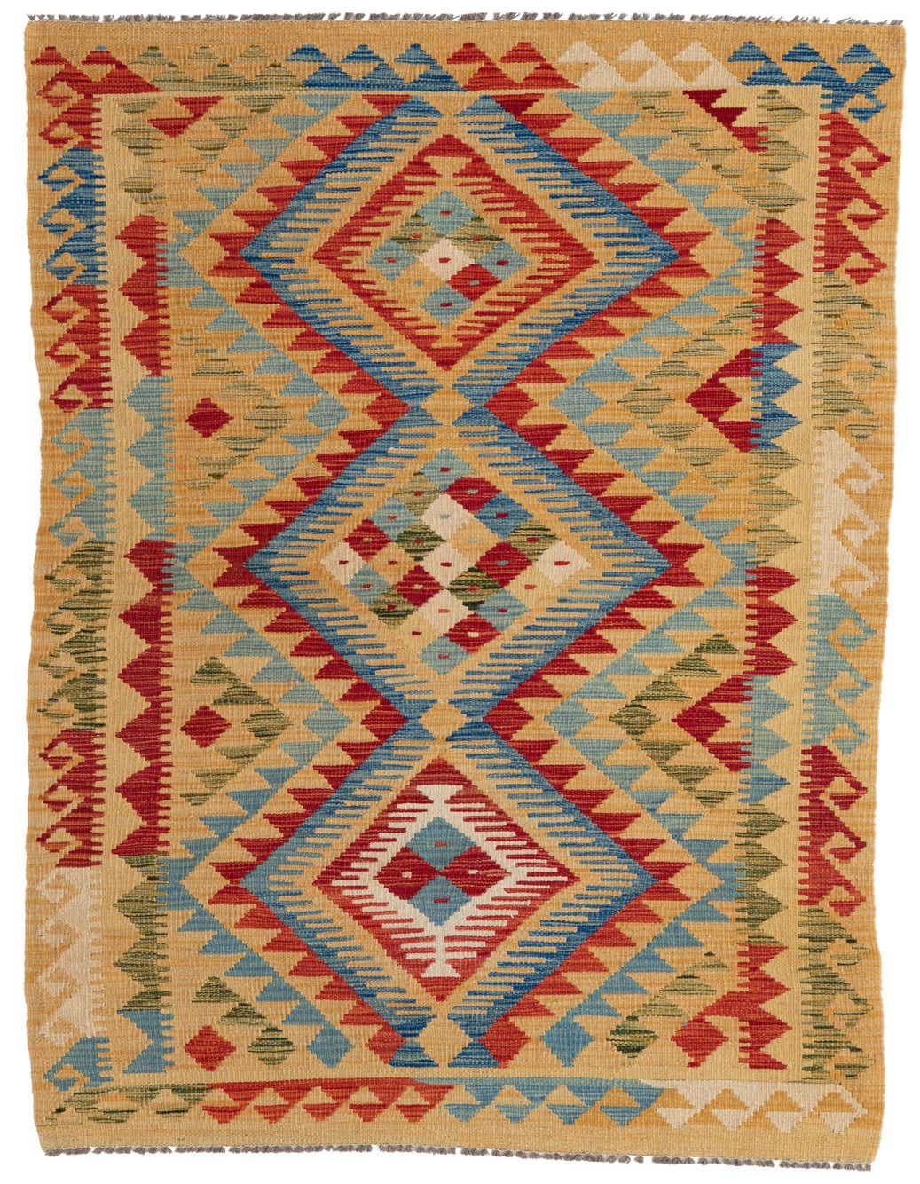 A 7 ft Kilim Maymana runner rug with a multi-colored Southwestern tribal pattern, featuring large red and blue diamonds on a light gold background.