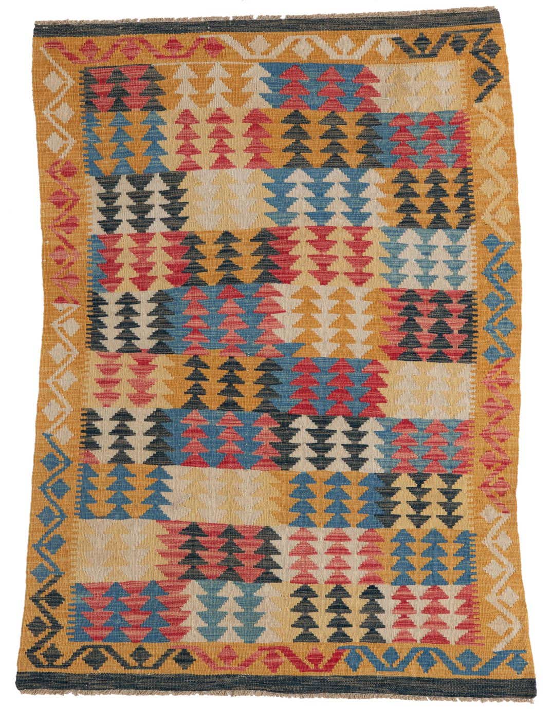 A multi-colored 6 ft runner rug with a Southwestern tribal pattern, featuring blocks of red, blue, black, and cream triangles on a gold border.
