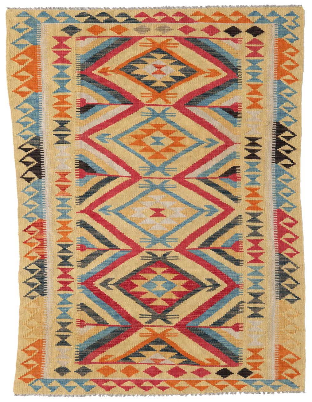 A 7 Ft Multi-colored Kilim Maymana runner rug with a Southwestern tribal pattern, handmade from flatweave wool.