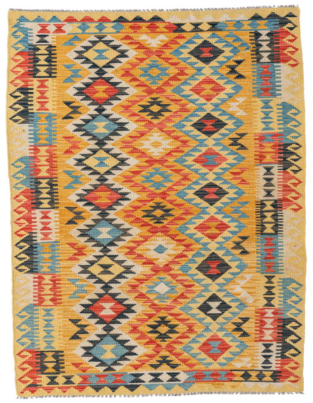 A vibrant 7 Ft runner rug with a Southwestern tribal pattern in yellow, red, blue, and black, ideal for a hallway.