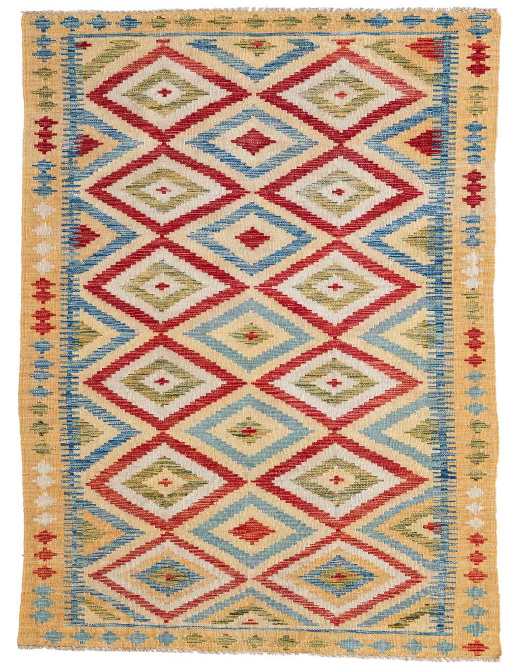 A 7 Ft runner rug with a Southwestern tribal pattern in multi-colored wool, featuring red, blue, green, and cream diamonds on a gold background.