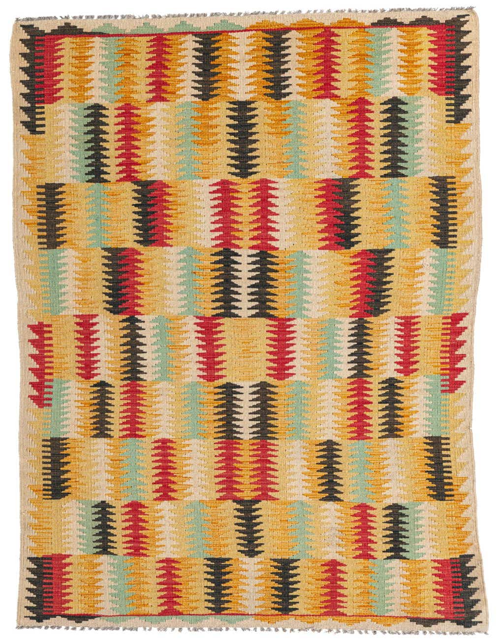 A 7 ft runner rug featuring a multi-colored Southwestern tribal stripe pattern in red, yellow, black, and teal on a light background.