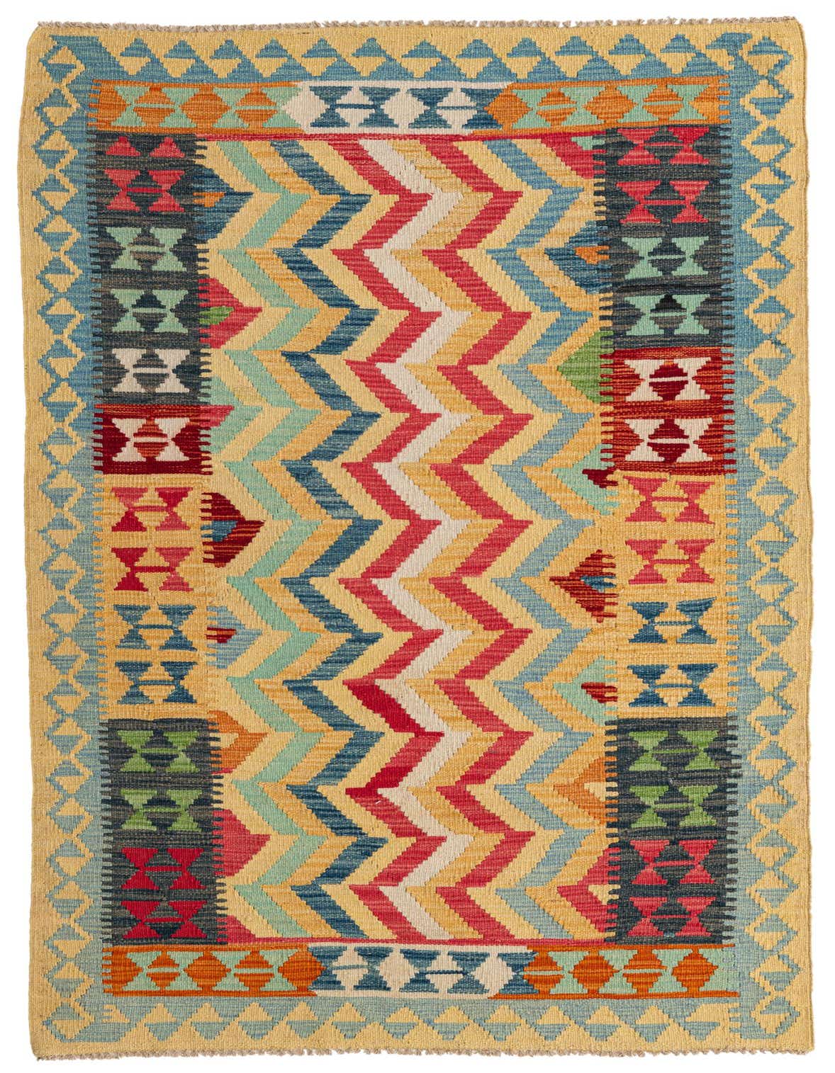 A 6 ft runner rug with a vibrant multi-colored Southwestern pattern, featuring zigzags, stripes, and geometric motifs in red, blue, green, and yellow, ideal for a hallway.